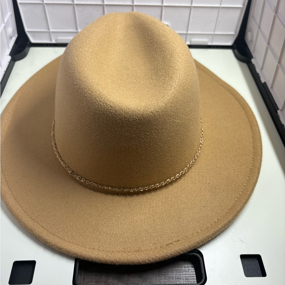Tan Fedora Hat with Chain Detail